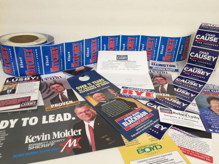 We print a diverse array of affordable political products: campaign signs, push cards, political postcards, lapel stickers, bumper stickers, political door hangers, flyers, posters, business cards, and more.